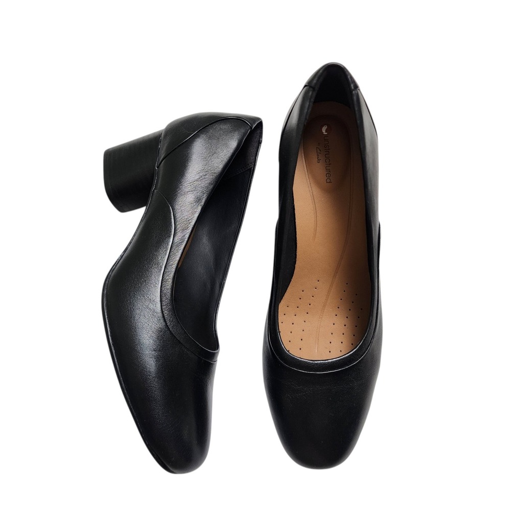Clarks Unstructured Womens Black Leather Block Heel Round Toe Pumps Size 8